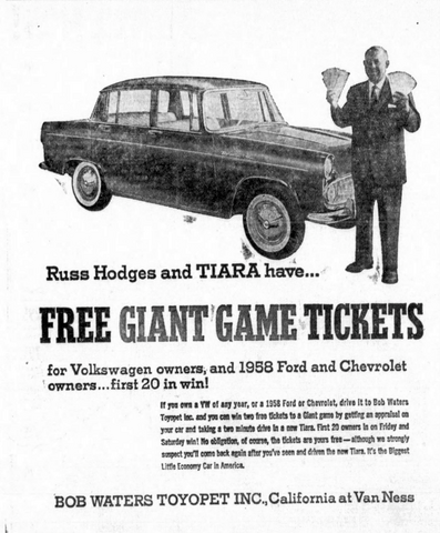 Bob Waters Toyopet Newspaper Ad Featuring Russ Hodges